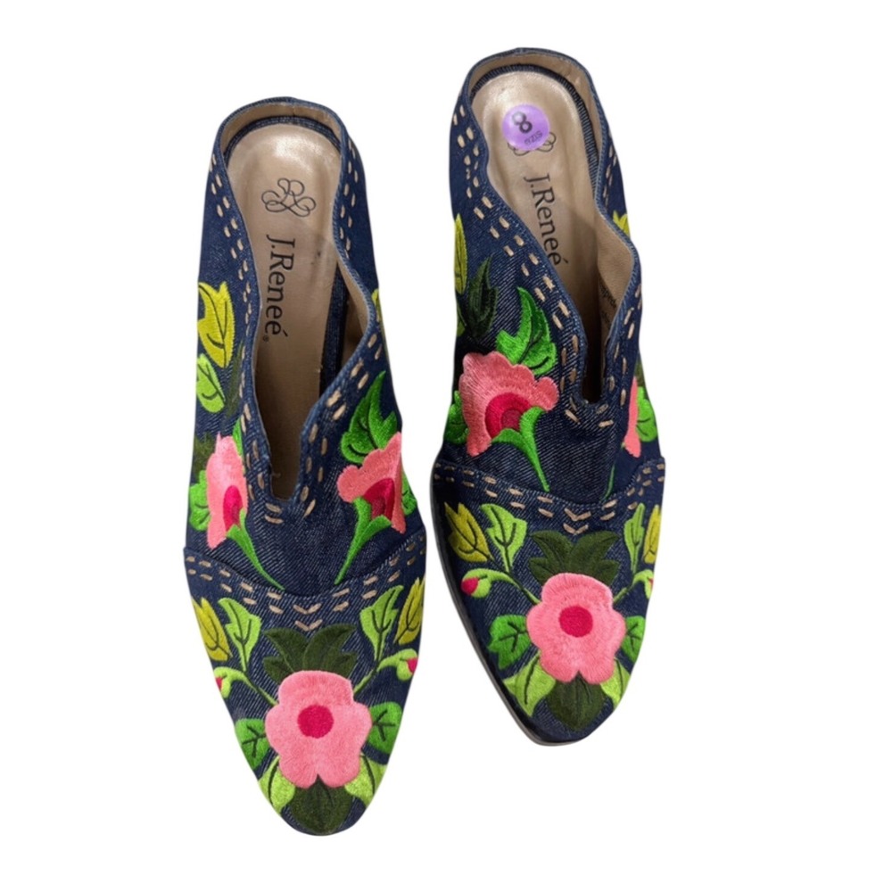J. Renee Stampede Denim Floral Embroidered Mules Western Block Heel 8 Wide